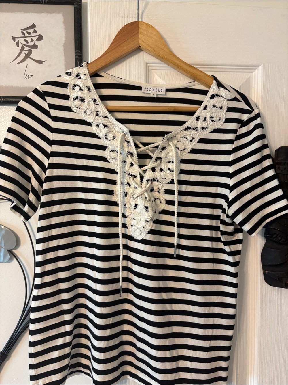 Striped Lace-Up Short Sleeve Tee in Black & White
